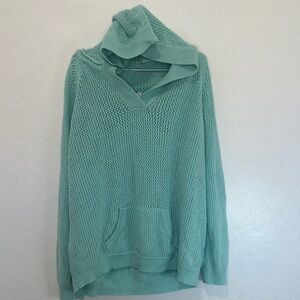 Women’s plus size XXL Teal Knit Hooded Sweater shirt 469 linen cotton vneck mesh